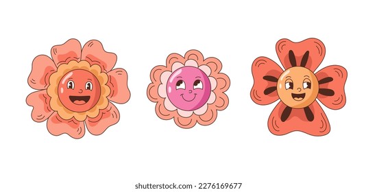 Happy flower cartoon face set. Groovy character collection. Isolated vector illustration in retro style