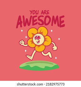 Happy Flower character running vector illustration. Inspiration, motivation, funny design concept.