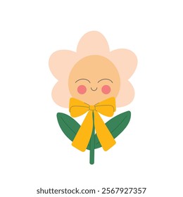 Happy flower with a cute bow vector illustration in flat style.