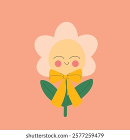 Happy flower with a cute bow vector illustration in flat style.