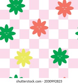 Happy Flower Faces Checkerboard Background Wallpaper Seamless Cute Colorful