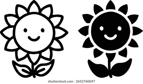 Conjunto de ícone de flor feliz - Símbolo floral sorridente de vetor preto e branco para crianças, natureza e design bonito