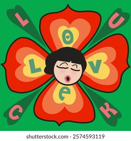 Happy Flower Lady With Her Love And Luck Sign Concept Card Character illustration