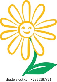 Happy flower logo design. Icon illustration suitable for business purposes. Yellow flower with happy face. Minimalist floral illustration on a white background. Flower posters