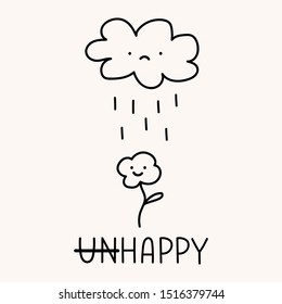 Happy flower and sad cloud. Hand drawn vector funny illustration on white background.