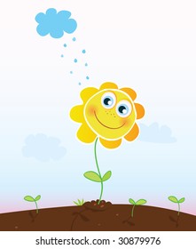 Happy flower. Smiling flower in garden. Vector Illustration.