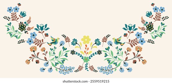 Happy flowers and birds. Folk style. Posters for the spring holiday. icons isolated on a white background.