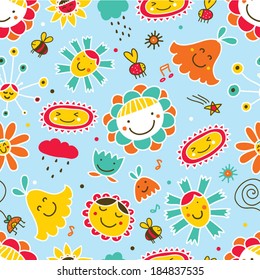 Happy flowers. Cute seamless pattern.