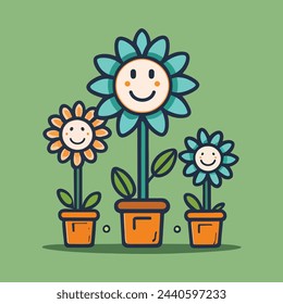 Happy flowers in pots with smiling faces, bringing joy and cheer to any space