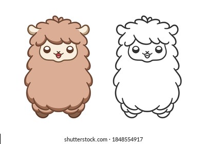 Happy fluffy alpaca, sheep, llama animal cartoon colored and outline set. Easy fun coloring book page activity worksheet for kids children. Simple flat vector illustration design. 