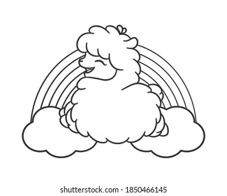 Happy fluffy alpaca, sheep, llama animal on rainbow and clouds cartoon outline. Easy coloring book page activity worksheet for kids children. Simple flat black and white vector illustration design.	