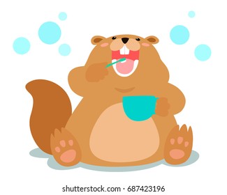 Happy fluffy beaver love brushing teeth cartoon vector illustration.