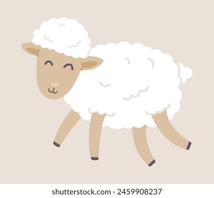 Happy fluffy sheep in flat design. Domestic animal livestock ranch farming. Vector illustration isolated.
