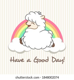 Happy fluffy white llama, alpaca, sheep, animal jumping over a rainbow with clouds, with text "Have a good day!" greeting card design.