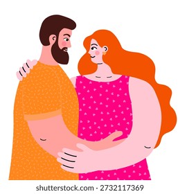 Fröhliches, wangengespültes Paar umarmt. Zwei verliebte Menschen. Nette Illustration einzeln auf weißem Hintergrund, perfekt für Liebesgrüße, romantische und sentimentale Botschaften und Valentinskarten.