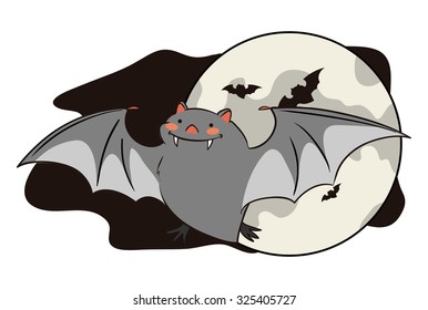Happy flying bat with a cute face smiling on full moon background.
