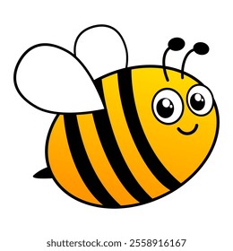 Happy flying bee with big eyes. Honeybee insect character. Vector illustration on white background.