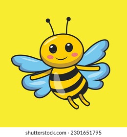 Happy flying Bee cartoon illustration. Cute bee flat style vector art. Bee sticker for T shirt, Icon, web, element. Adorable wildlife smiling bee mascot logo.