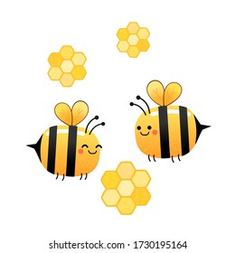 Happy flying bees with beehive on white background vector illustration. Cute cartoon character.