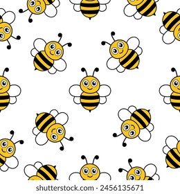 Happy flying bees seamless pattern. Cartoon bees with big eyes. Vector illustration on white.