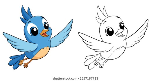 Happy Flying Bird Cartoon Coloring Page For Kids. Animal Coloring Book Printable Vector Illustration
