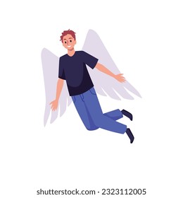 Feliz niño volador con alas de estilo plano, ilustración vectorial aislada en fondo blanco. Diseño decorativo, libertad e inspiración, emociones positivas