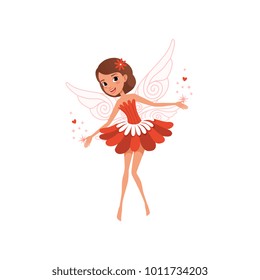 Happy flying fairy spreading magical dust. Cartoon brown-haired girl wearing beautiful red flower shaped dress. Fantasy fairytale character. Colorful flat vector design