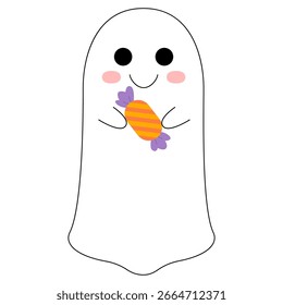 Happy flying Ghost with sweet candy. Cute Halloween ghost.  Baby ghost. Halloween holiday event, autumn greeting card