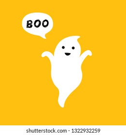Happy flying Ghost with white speech bubble Boo. Smiling face, hands. Flat design.