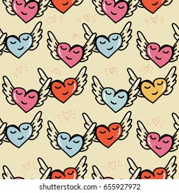 Happy flying hearts seamless pattern. Beautiful lovely hearts symbol of love of romanticism. Love template for greeting card, gift vintage seamless background