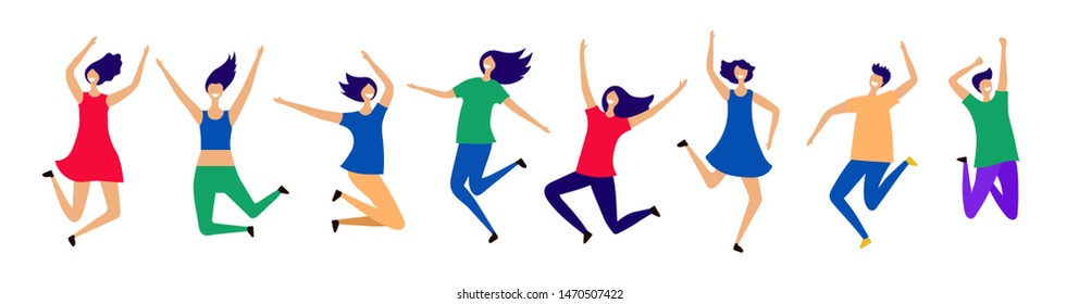 Happy flying and jumping people vector characters. Illustration of happy active people, jump boy and girl