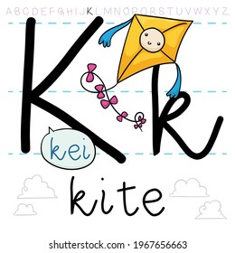 Happy flying kite decorated with bows in its tail, teaching at you the letter 'K' of alphabet.