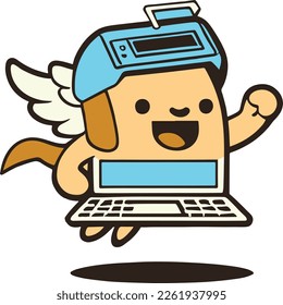Happy flying programmer with laptop in his hands..