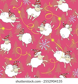 Happy flying sheep in Santa hats on a pink festive neutral background, accented with hand drawn snowflakes, yellow ribbons, and translucent fir trees. Great for digital playful holiday designs, cards