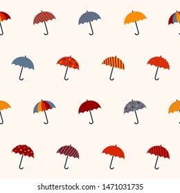 Happy flying umbrellas vector pattern, seamless repeat. Bright colors on light creamy background, flat illustration style. 