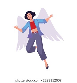 Happy flying woman with big wings flat style, vector illustration isolated on white background. Decorative design element, inspired emotional character, positive and motivation