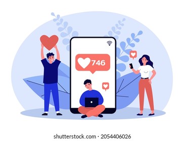 Happy followers giving likes to viral content of influencer. Tiny people holding heart in hand flat vector illustration. Loyalty of blog audience concept for banner, website design or landing web page