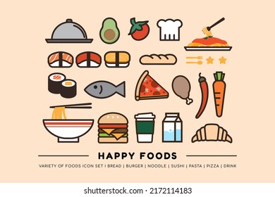 Happy Food Flat Line Icons set. Colored with cute style.