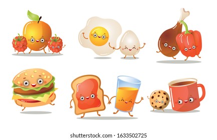 Happy food ingredients and dishes characters vector illustration