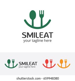 Happy food logo design. Smile, Eating and Restaurant logo concept. Vector logo template