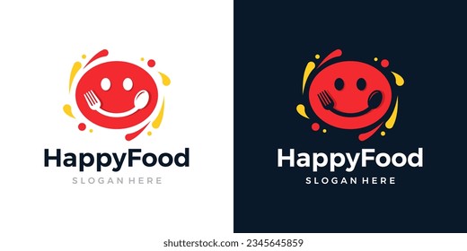 Happy food logo design template. Smile symbols with spoon fork design graphic vector illustration. Symbol, icon, creative.