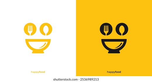 Happy Food Logo. Face Smile Food Bowl as Laughing Mouth. Restaurant Food Logo, Icon, Symbol, Vector, Design Inspiration.