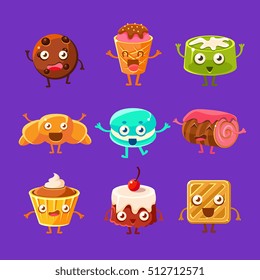 Happy Food Sweets And Sweet Pastry Cartoon Characters With Faces, Hands And Legs