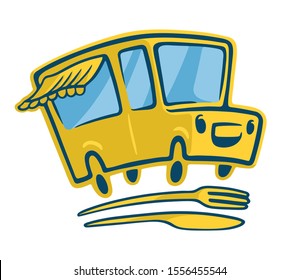 Happy food truck logo. Cute cartoon character with fork and knife.