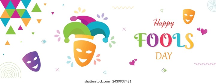 Happy fools day, clown mask and joker hat, celebrate jokes and hoaxes, funny prank event