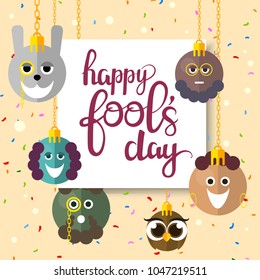 Happy Fools Day text design with characters and ovals on square background. Vector illustration. Fools Day greeting calligraphy design in different colors. Template for a poster, cards, banner.