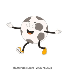 Happy football ball groovy character. Soccer retro mascot. Cartoon sport equipment isolated on white background. Championship game. Vector rubber hose animation style illustration.