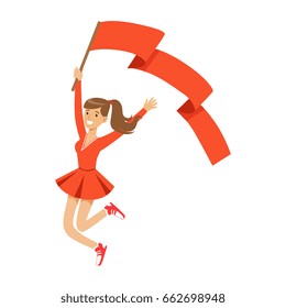 Happy football fan girl character in red jumping with flag of her team vector Illustration