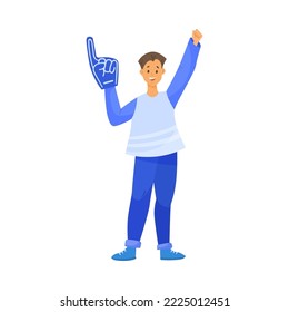 Happy football male fan with foam finger cartoon illustration. Man cheering for football or soccer team, holding foam finger. Sports game, crowd, support concept