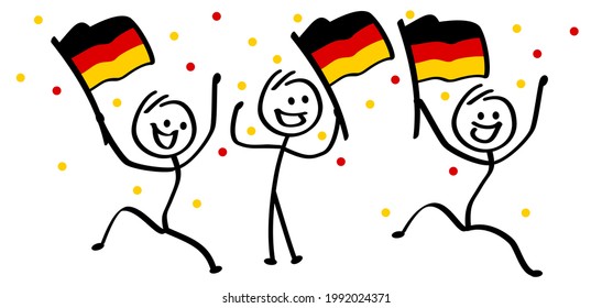 Happy football, tennis, golf,  supporters. Cartoon stickman with the flag of Deutschland, Germany. Stick figure man for wk, ek soccer ball game. Flat vector sport icon or pictogram. 2020, 2021, 2022